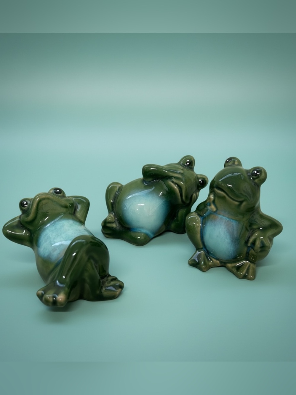 Vintage Green Ceramic Frog Figurine Lot of 3